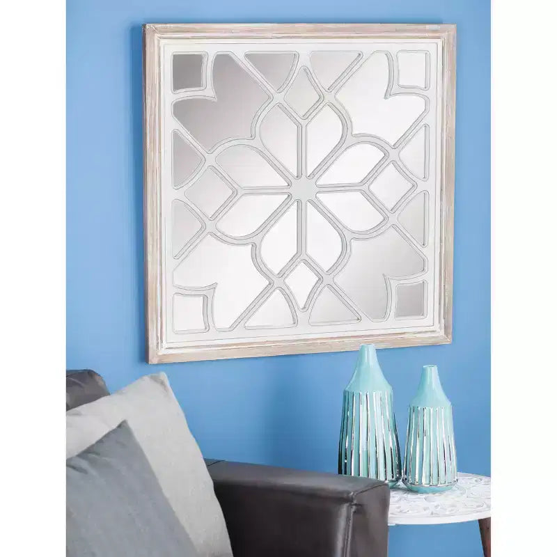 Wood Geometric Carved Wall Mirror White - Olivia & May: Vintage Square Decorative, No Assembly Required