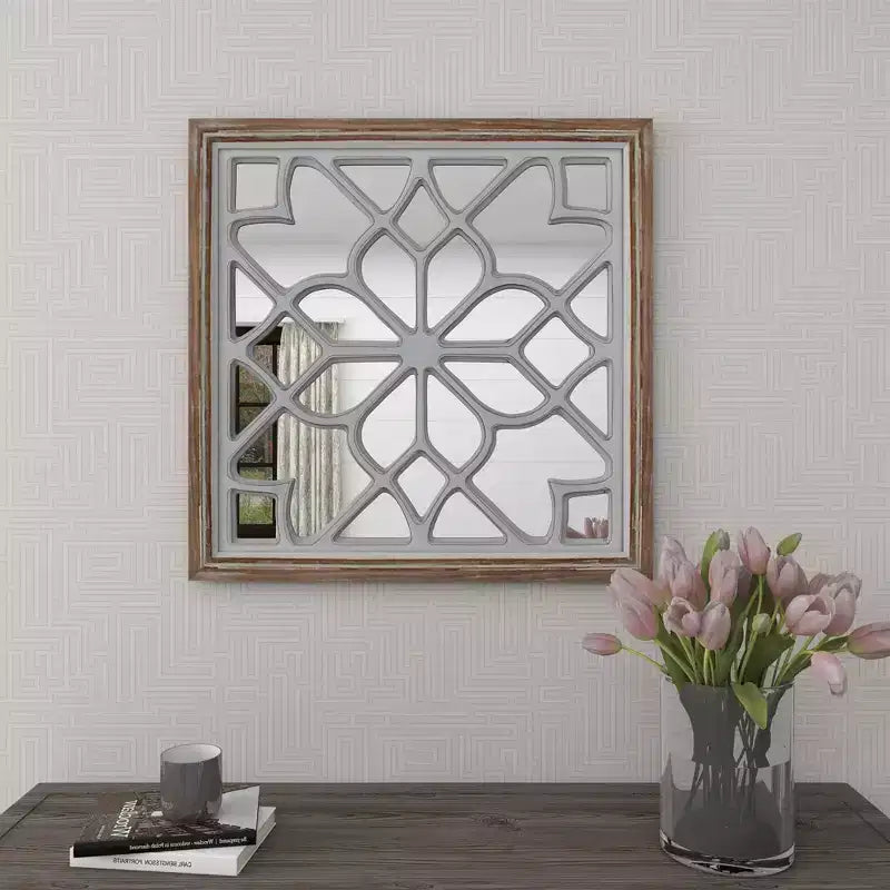 Wood Geometric Carved Wall Mirror White - Olivia & May: Vintage Square Decorative, No Assembly Required