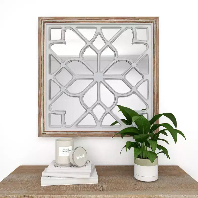 Wood Geometric Carved Wall Mirror White - Olivia & May: Vintage Square Decorative, No Assembly Required