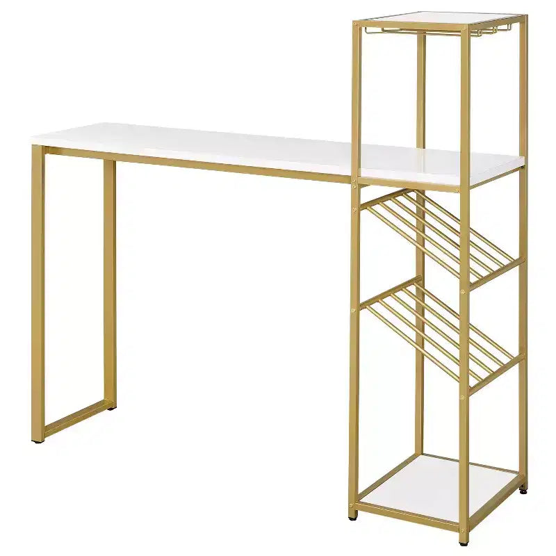 24/7 Shop At Home Bennis Bar Table with Wine Shelves High Gloss White/Gold Coated: Steel Frame, Open Storage