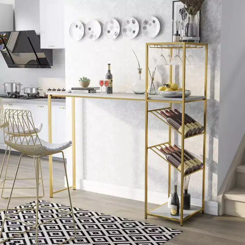 24/7 Shop At Home Bennis Bar Table with Wine Shelves High Gloss White/Gold Coated: Steel Frame, Open Storage