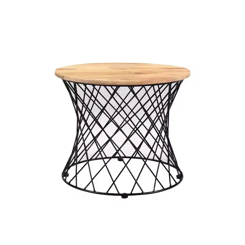 Roost Coffee Table: Rustic Round Mango Wood with Iron Frame, Distressed Finish, 20"x20"x18", Living Room Furniture
