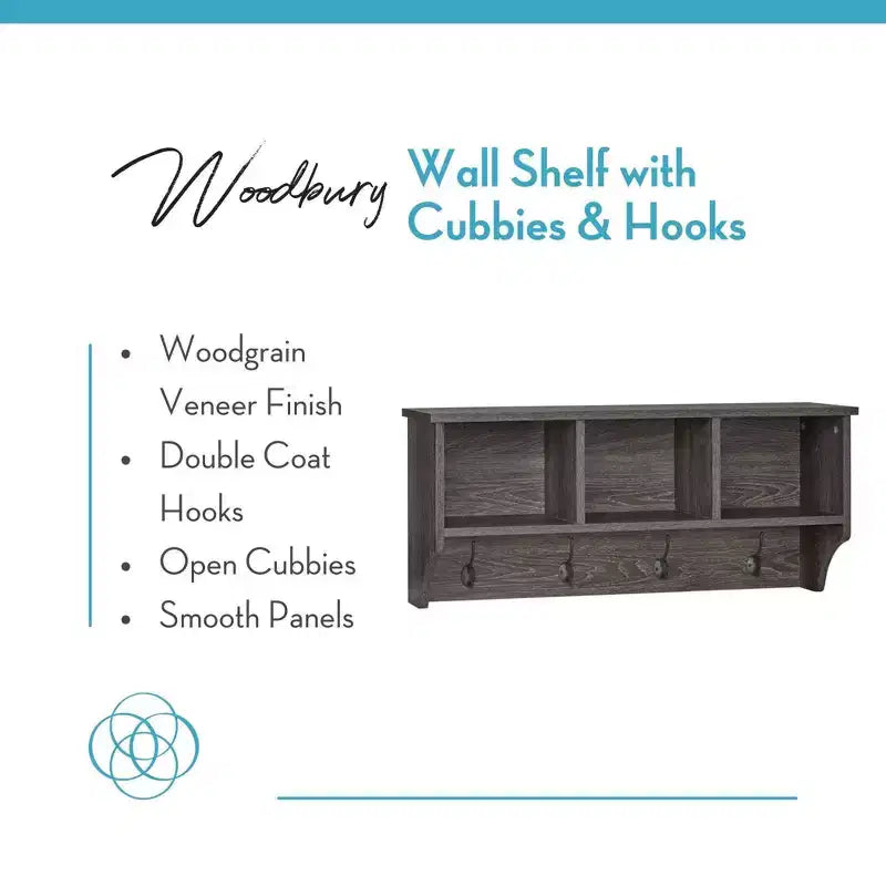 RiverRidge Home Woodbury Entryway Wall Coat Rack Storage with Hooks and Open Cubby Shelves for Hallway Weathered Woodgrain
