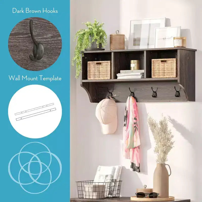 RiverRidge Home Woodbury Entryway Wall Coat Rack Storage with Hooks and Open Cubby Shelves for Hallway Weathered Woodgrain