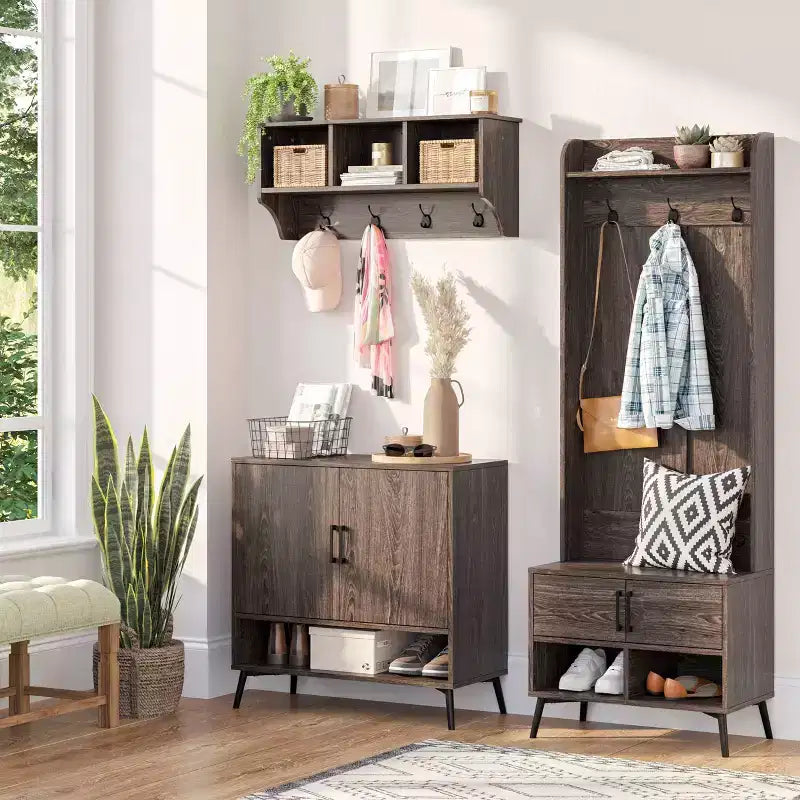 RiverRidge Home Woodbury Entryway Wall Coat Rack Storage with Hooks and Open Cubby Shelves for Hallway Weathered Woodgrain