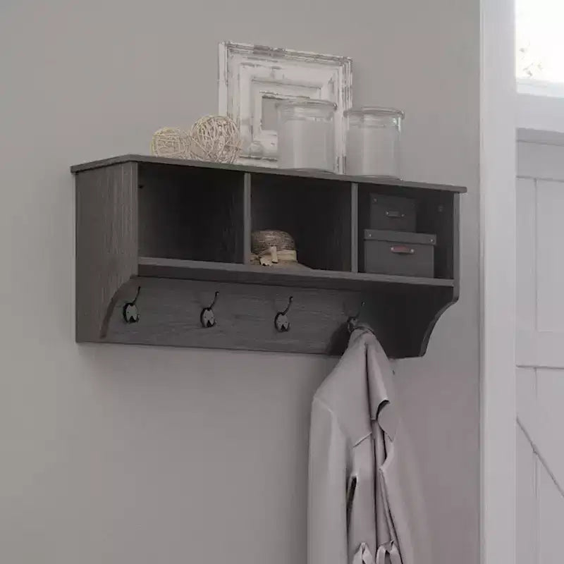 RiverRidge Home Woodbury Entryway Wall Coat Rack Storage with Hooks and Open Cubby Shelves for Hallway Weathered Woodgrain