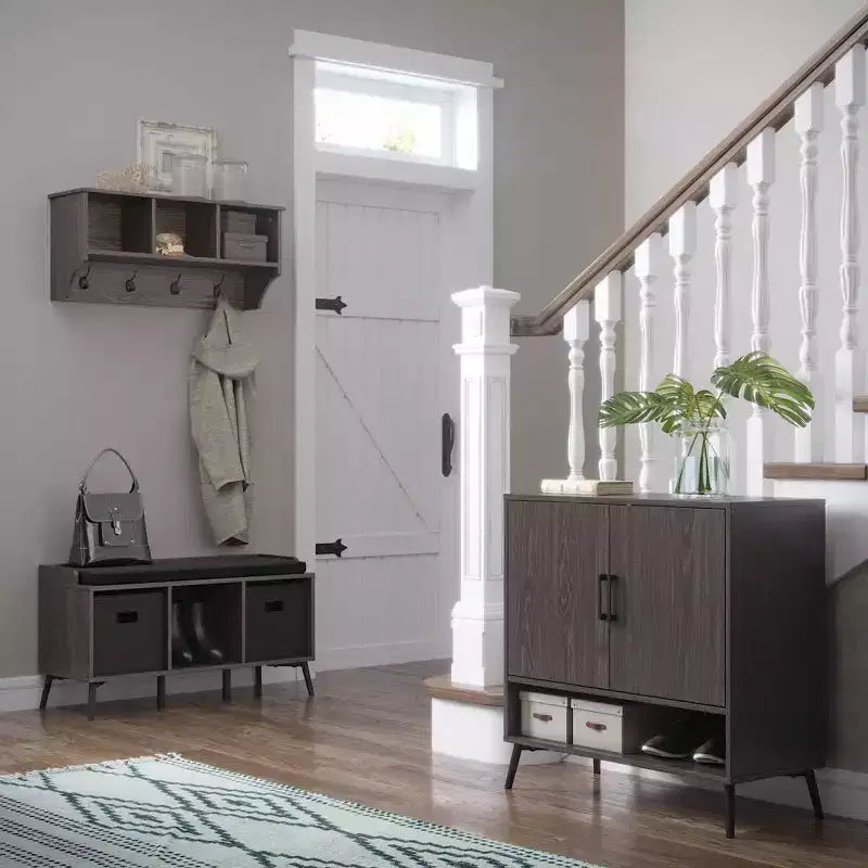 RiverRidge Home Woodbury Entryway Wall Coat Rack Storage with Hooks and Open Cubby Shelves for Hallway Weathered Woodgrain