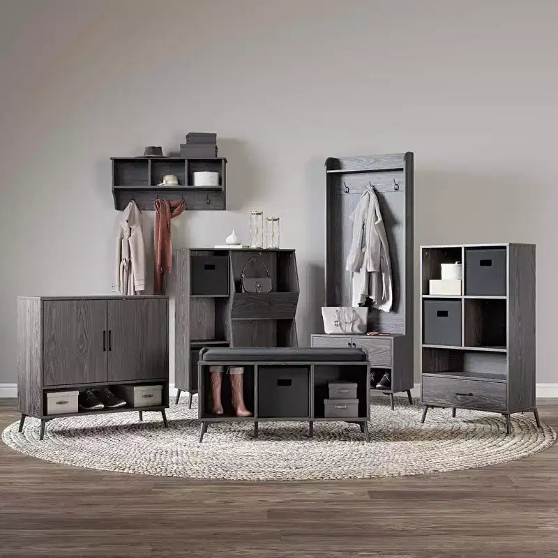 RiverRidge Home Woodbury Entryway Wall Coat Rack Storage with Hooks and Open Cubby Shelves for Hallway Weathered Woodgrain