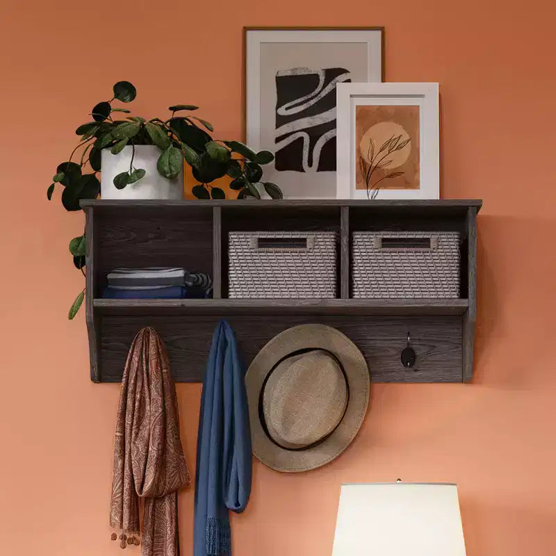 RiverRidge Home Woodbury Entryway Wall Coat Rack Storage with Hooks and Open Cubby Shelves for Hallway Weathered Woodgrain