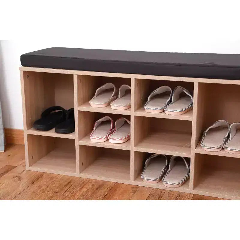 Natural Wooden Shoe Cubicle Storage Entryway Bench with Soft Cushion for Seating