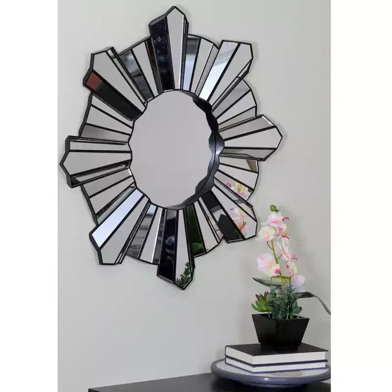 Northlight 25 Sparkling Sunburst Matte Black Round Wall Mirror