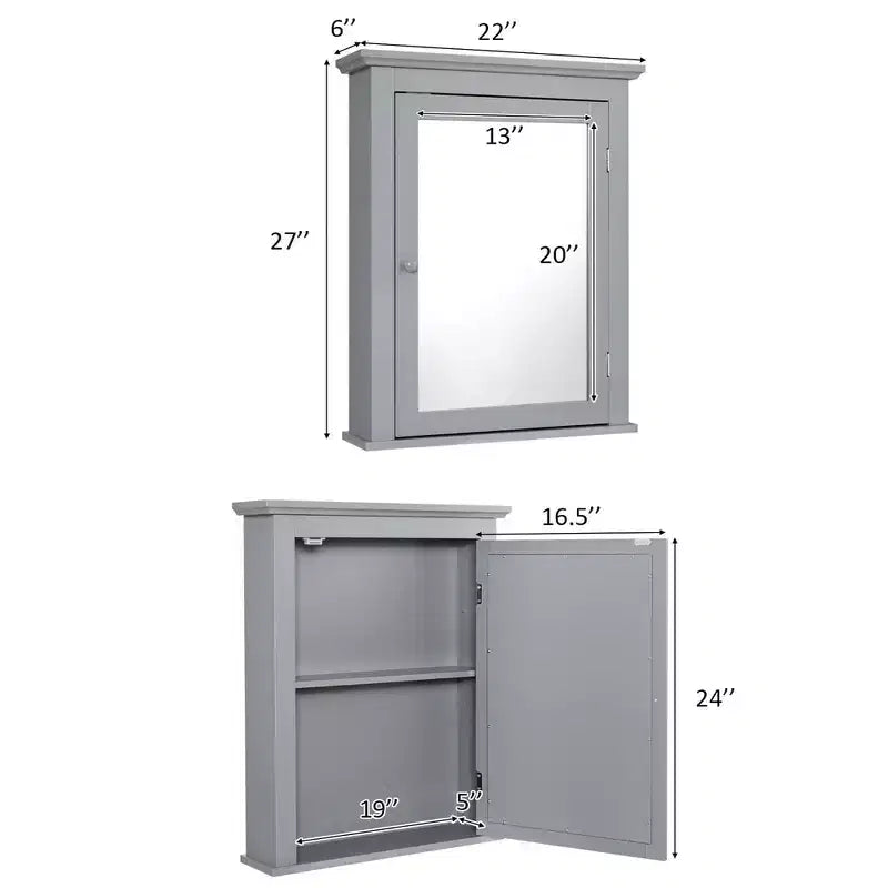 Costway Bathroom Mirror Cabinet Wall Mounted Adjustable Shelf Medicine Grey/Black