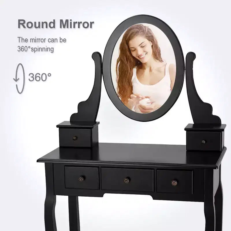 Costway Vanity Table Makeup Table Cushioned Mirror 5 Drawers Black
