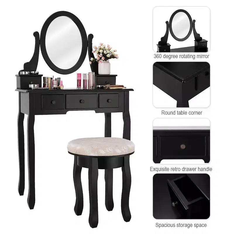 Costway Vanity Table Makeup Table Cushioned Mirror 5 Drawers Black