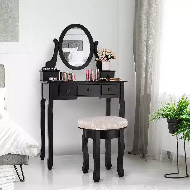 Costway Vanity Table Makeup Table Cushioned Mirror 5 Drawers Black