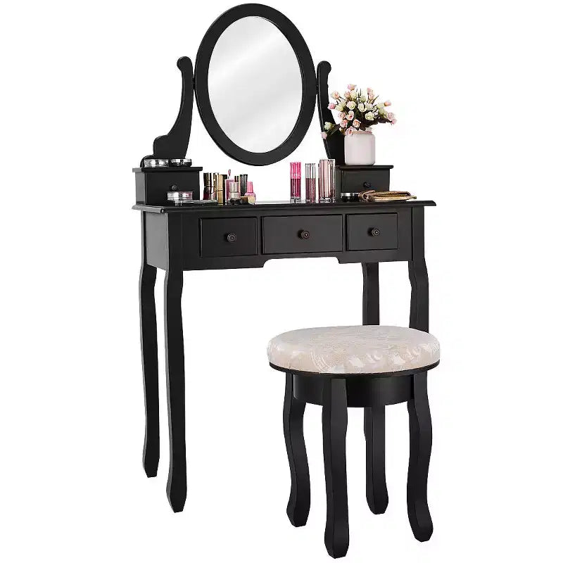 Costway Vanity Table Makeup Table Cushioned Mirror 5 Drawers Black