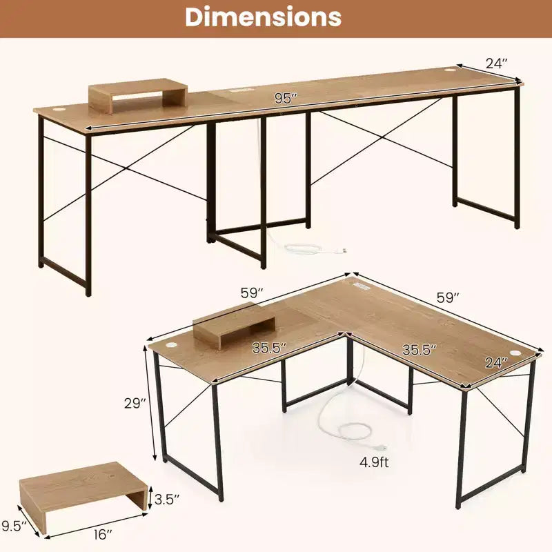 Costway L-Shaped Reversible Computer Desk 2-Person Long Table w/Monitor Stand