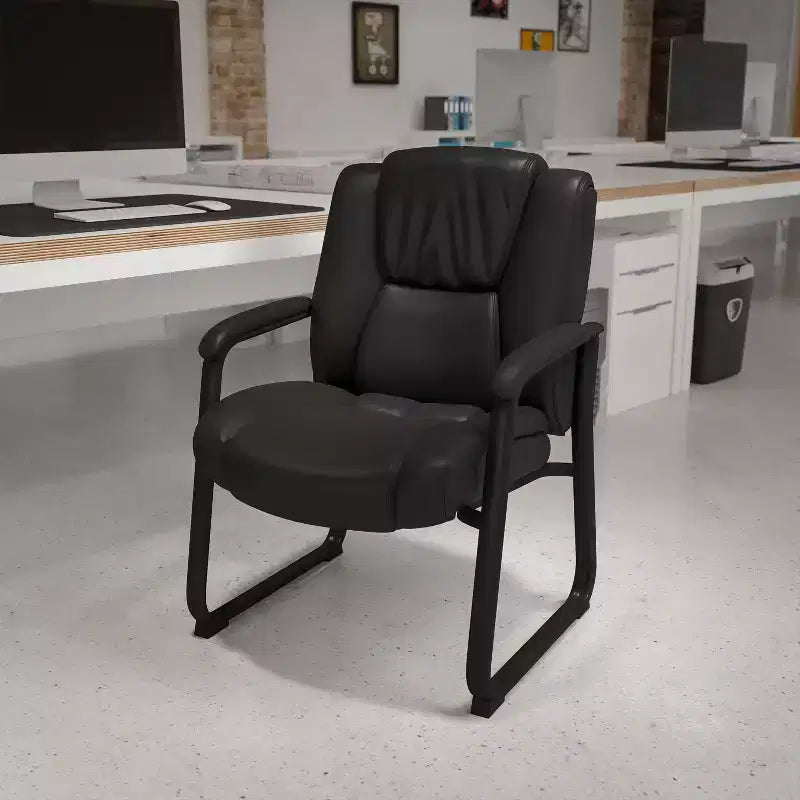 Emma and Oliver 500 lb. Big & Tall Black LeatherSoft Tufted Side Chair with Sled Base
