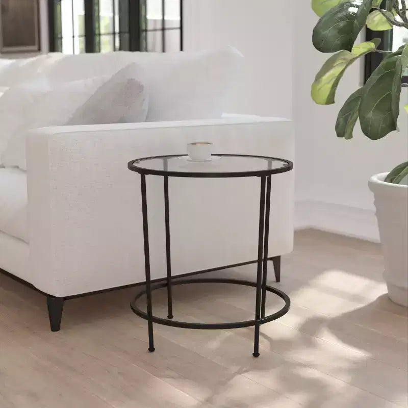 Emma and Oliver Glass Living Room Coffee Table with Round Metal Frame